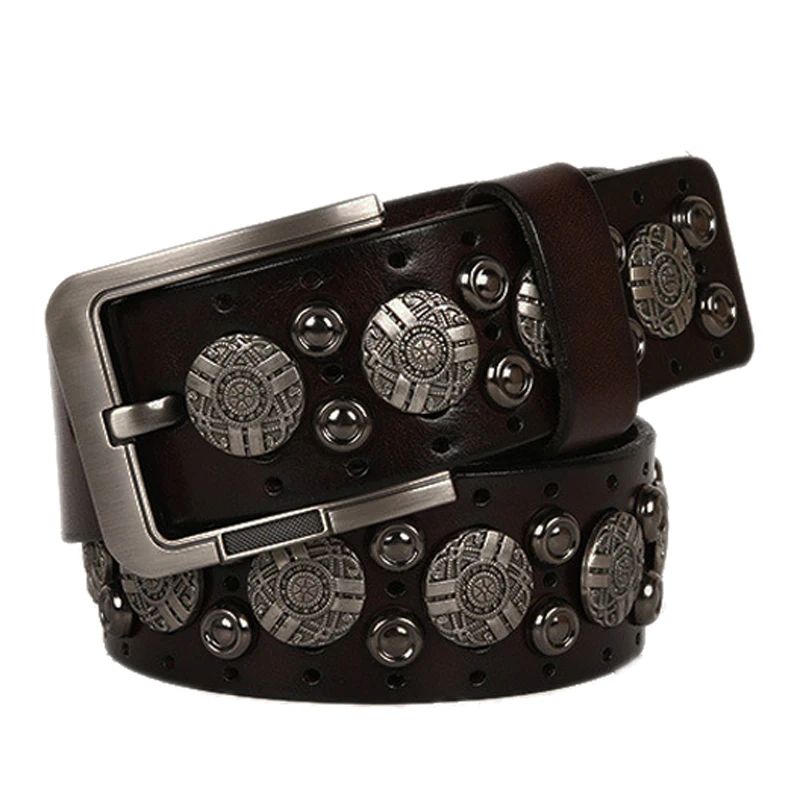 Metal Rivet Cowboy Belt Genuine Leather Cowskin Strap