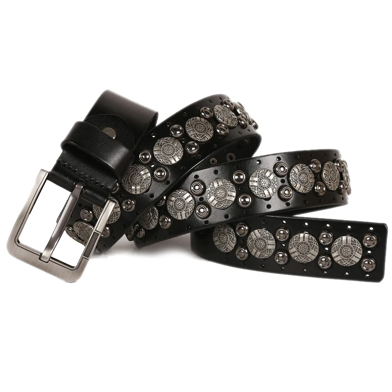 Metal Rivet Cowboy Belt Genuine Leather Cowskin Strap