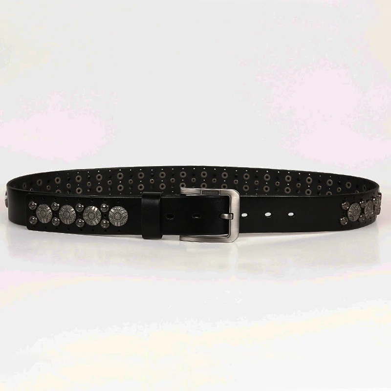 Metal Rivet Cowboy Belt Genuine Leather Cowskin Strap