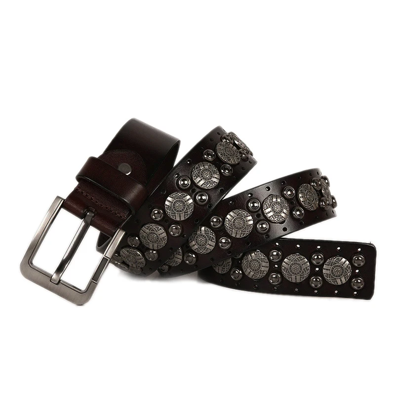 Metal Rivet Cowboy Belt Genuine Leather Cowskin Strap