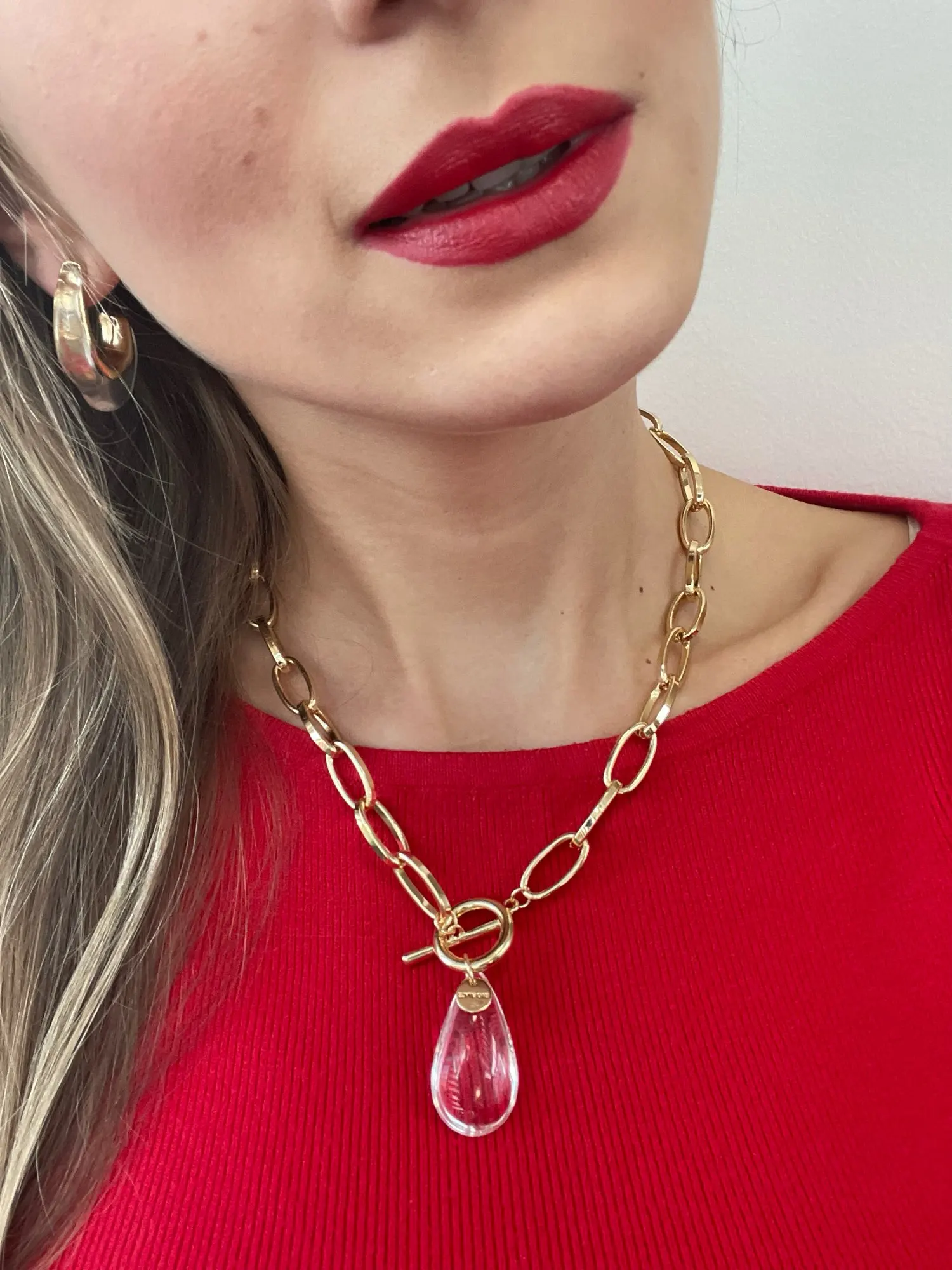 Link Chain Necklace Transparent Crystal Water Drop Pendant
