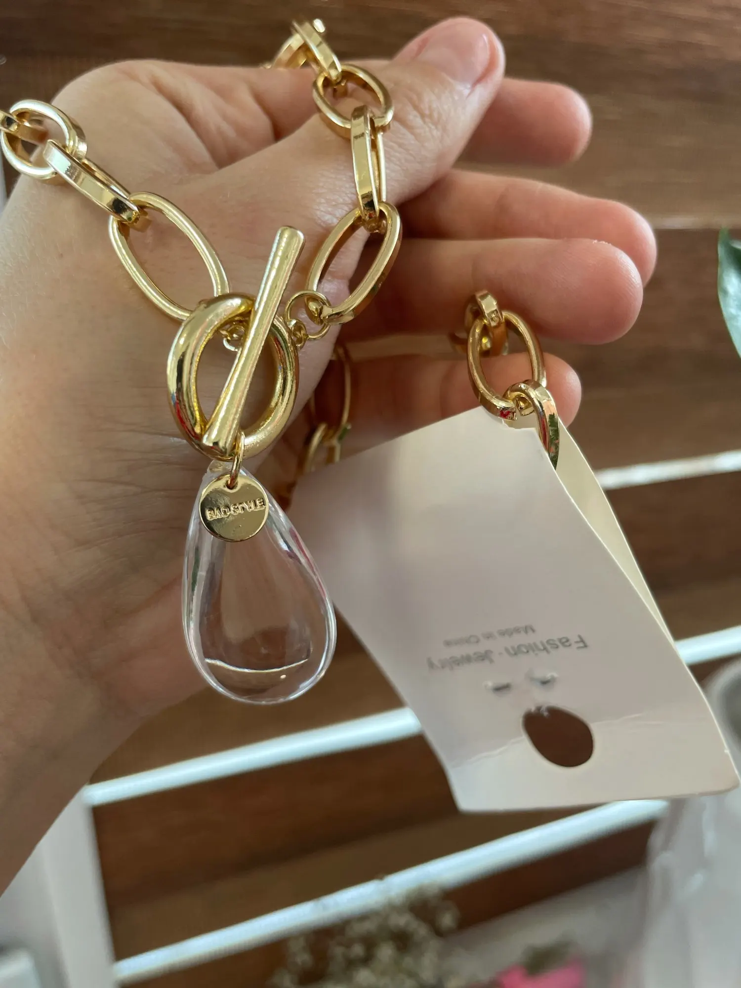 Link Chain Necklace Transparent Crystal Water Drop Pendant