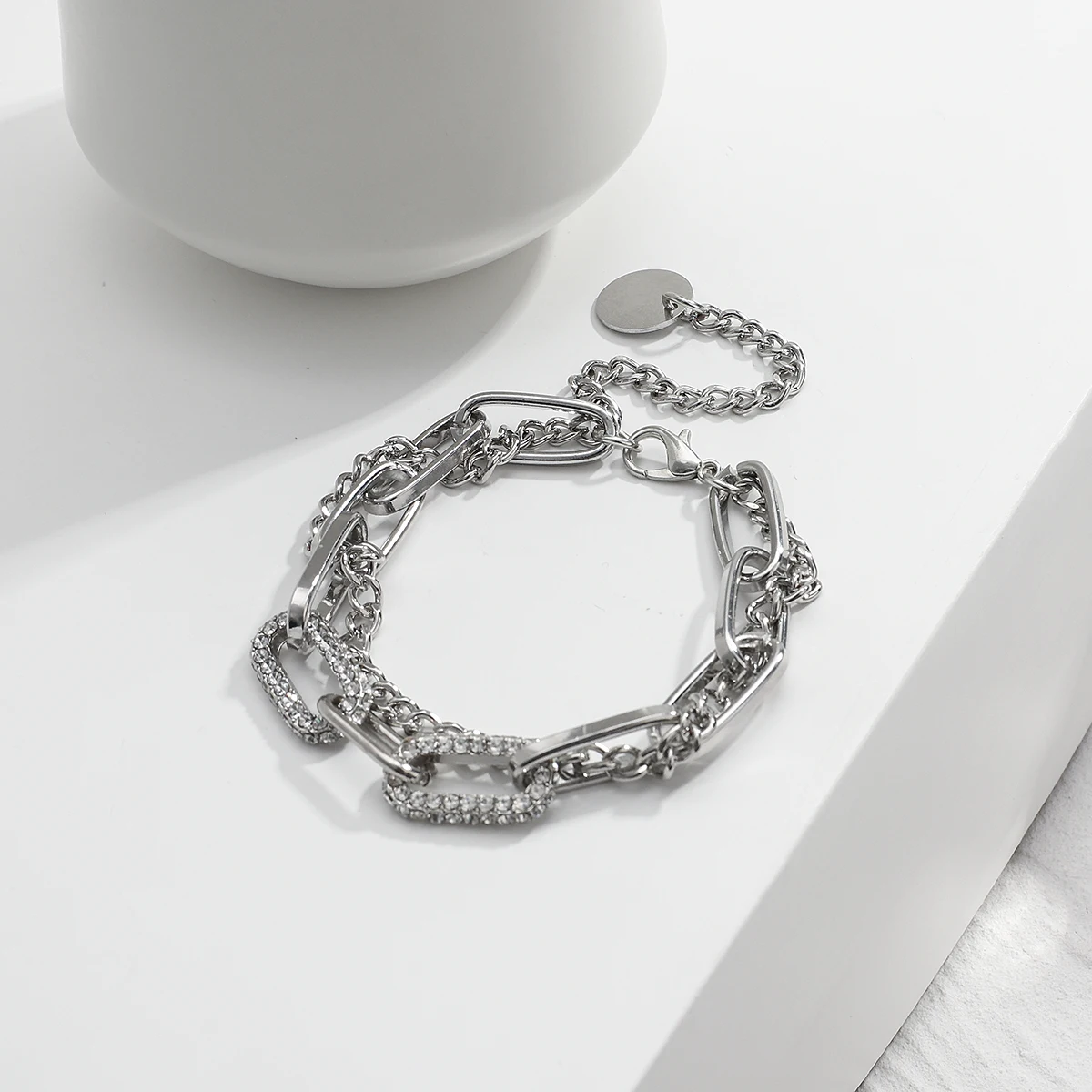 Thick Chain Rhinestone Bracelet Statement Silver Color