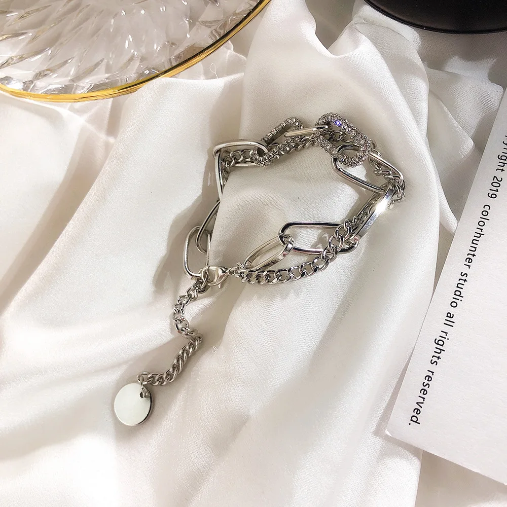 Thick Chain Rhinestone Bracelet Statement Silver Color