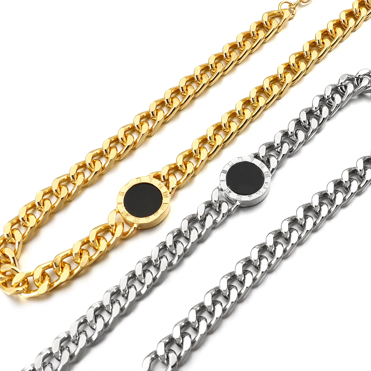 Roman Numbers Round Pendant Cuban Link Chain Necklace