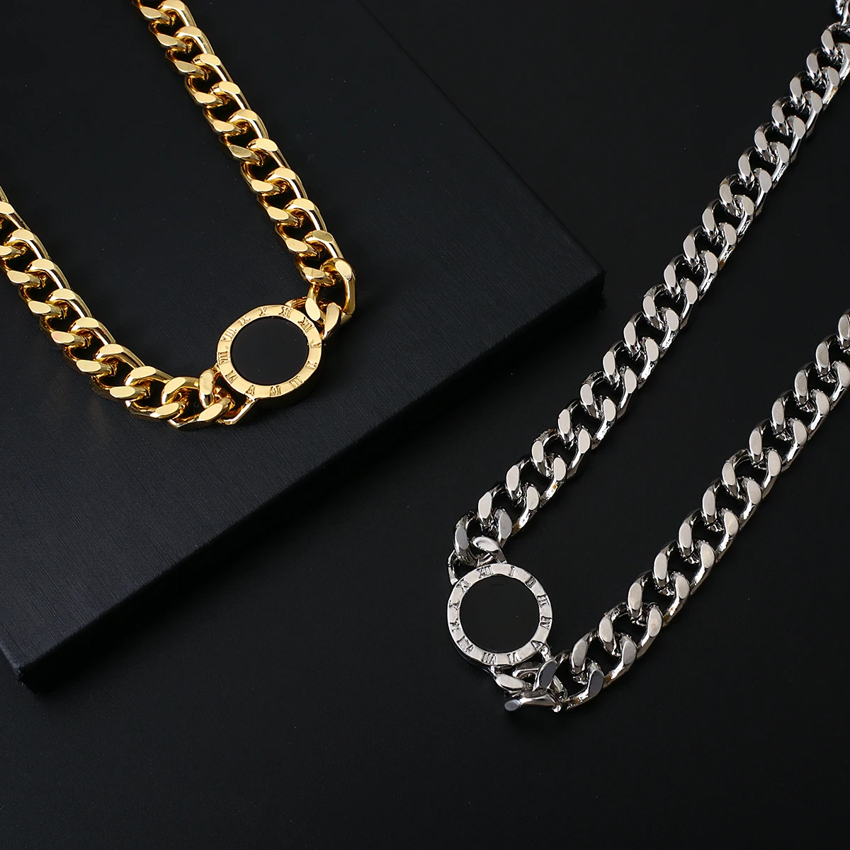 Roman Numbers Round Pendant Cuban Link Chain Necklace