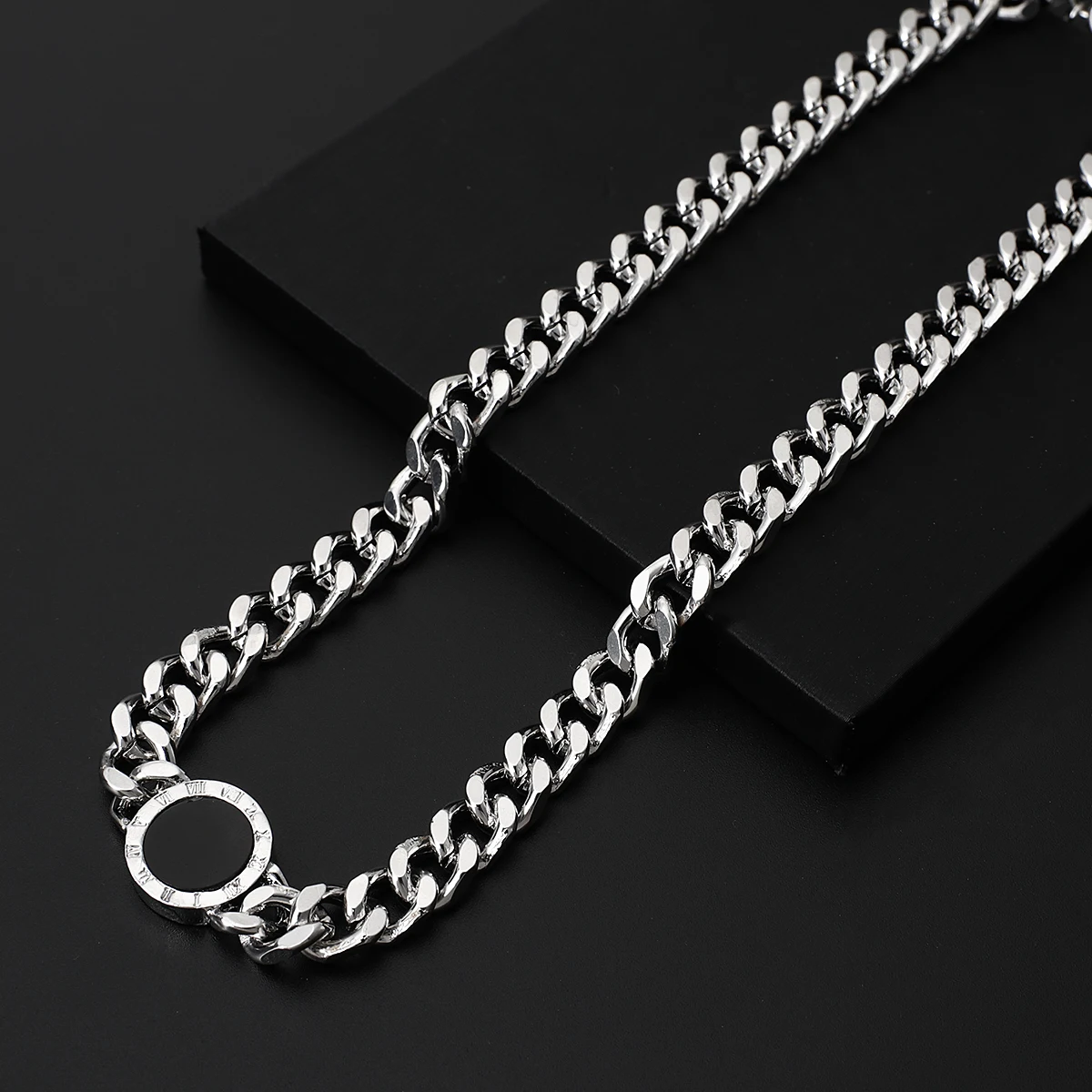 Roman Numbers Round Pendant Cuban Link Chain Necklace