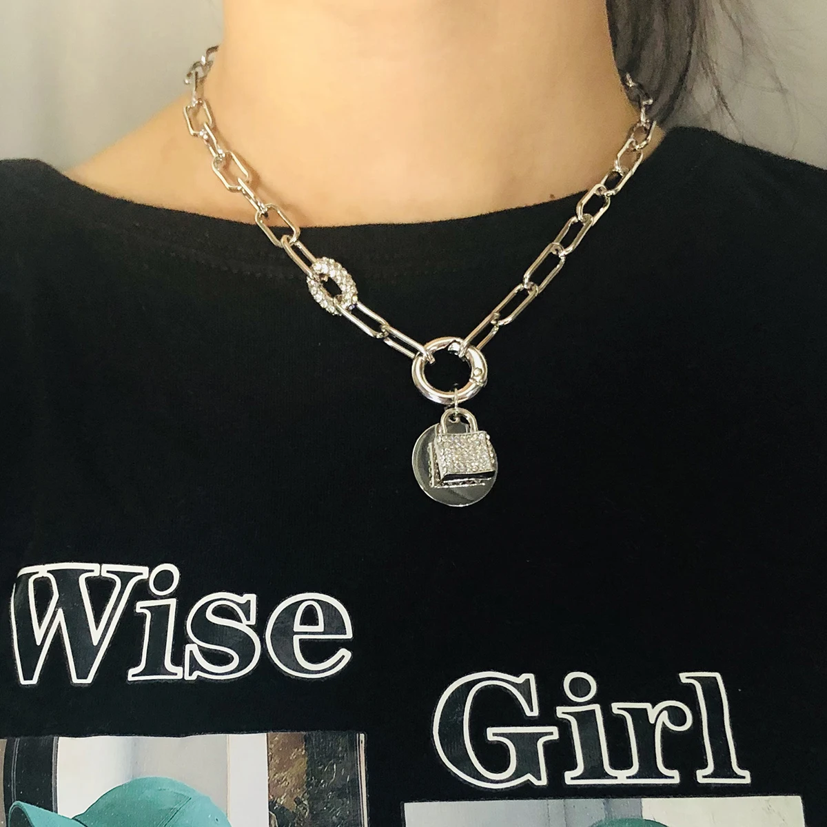 Rhinestone Chain Lock Pendant Choker Necklace
