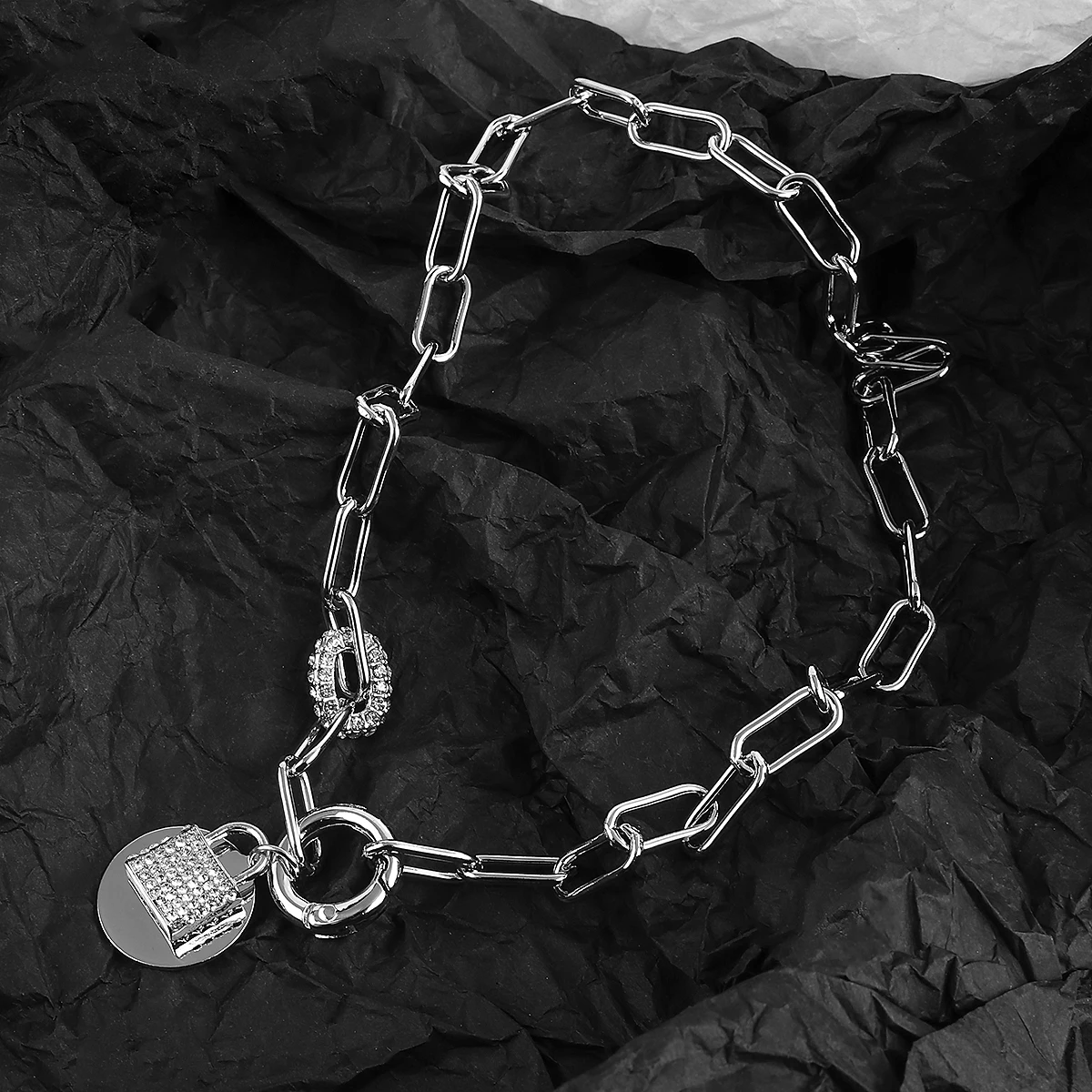 Rhinestone Chain Lock Pendant Choker Necklace