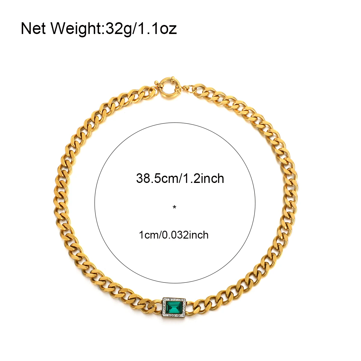 Fashion Cuban Chain Necklace with Green Crystal
