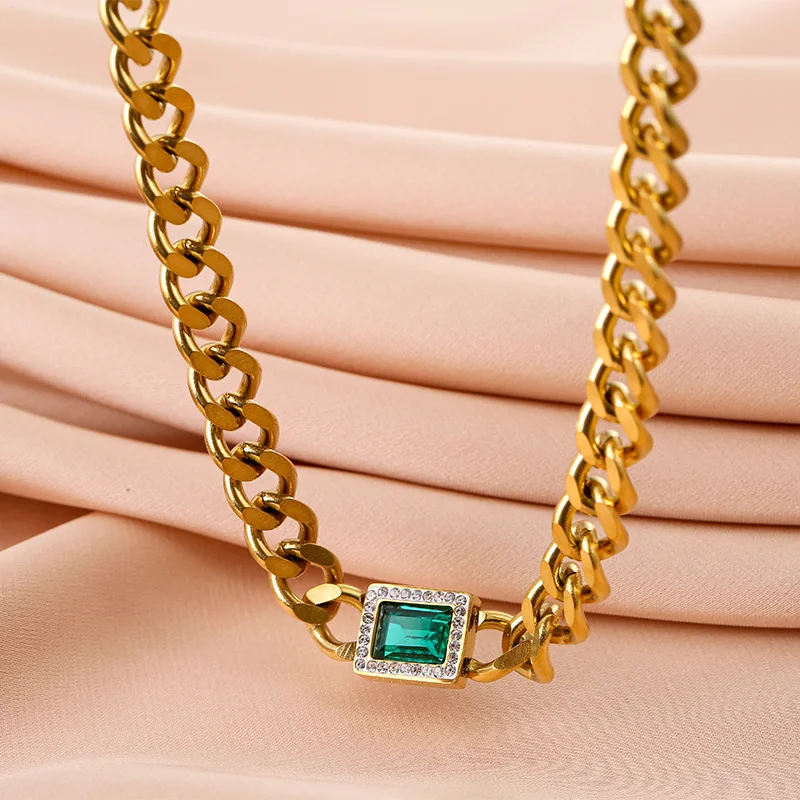 Fashion Cuban Chain Necklace with Green Crystal