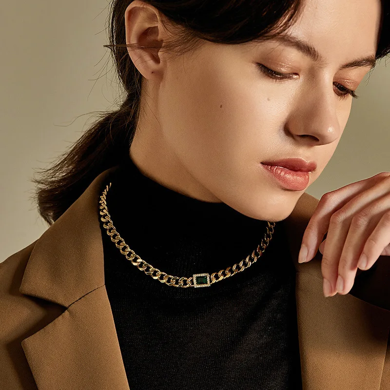 Fashion Cuban Chain Necklace with Green Crystal