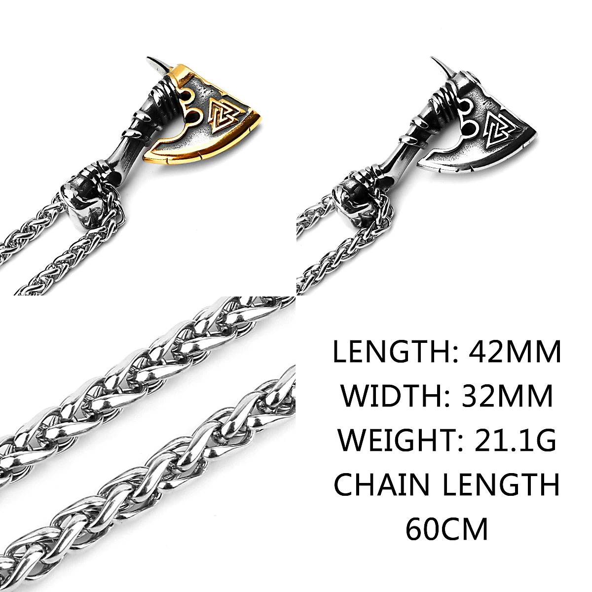 Viking Axe Necklace Pendant Valknut Stainless Steel Men's