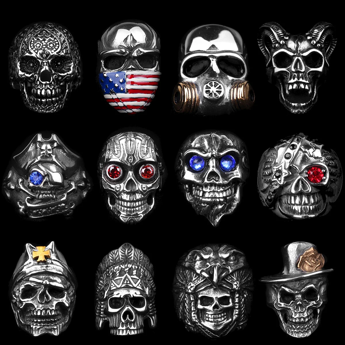 Stainless Steel Gothic Skull Rings Skeleton Punk Jewelry