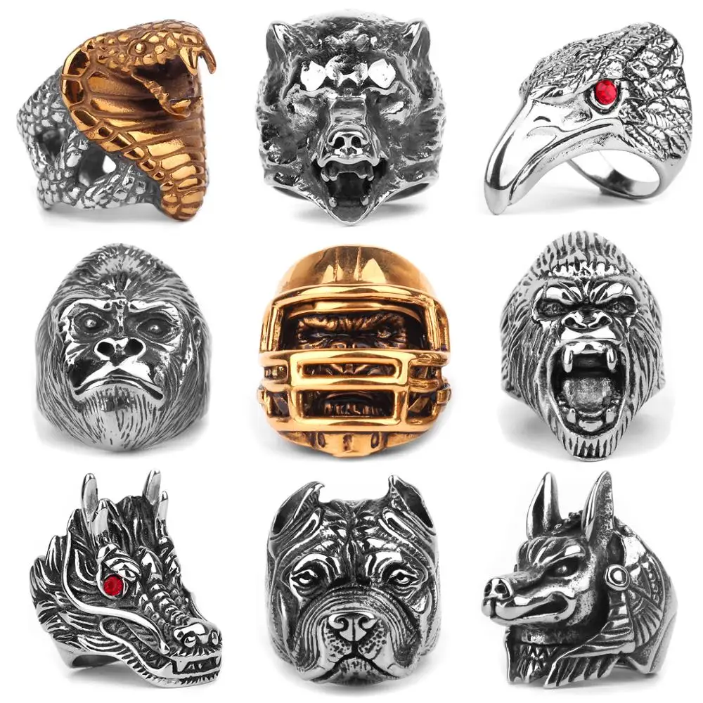Stainless Steel Animal Rings Eagle Dog Dragon Bird