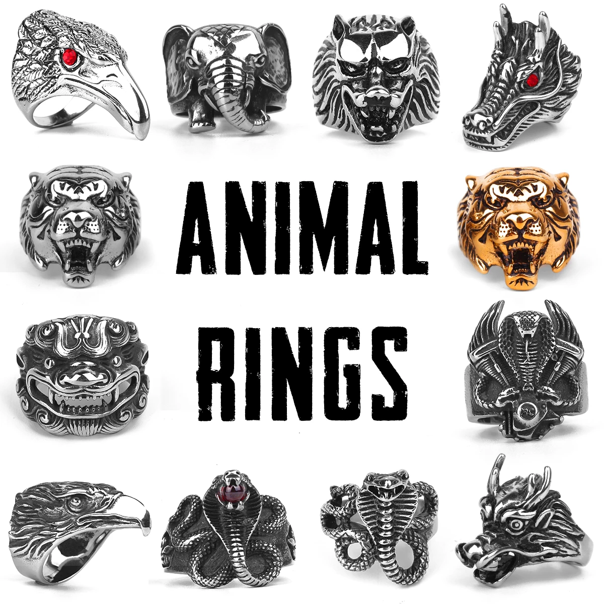 Stainless Steel Animal Rings Eagle Dog Dragon Bird