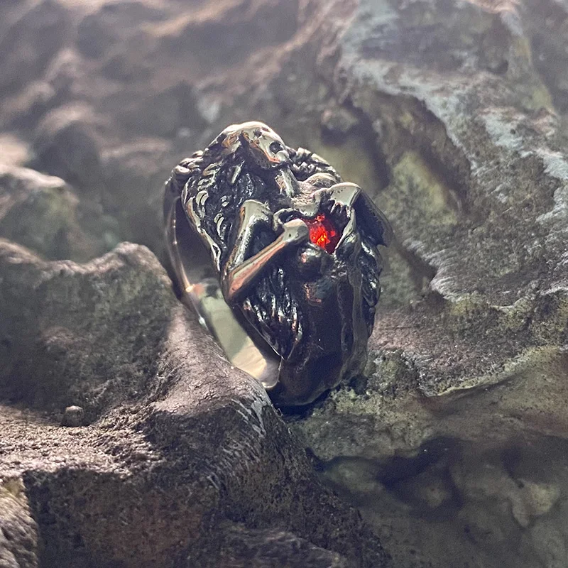 Goddess Red Stone Vintage Rings Stainless Steel Angel