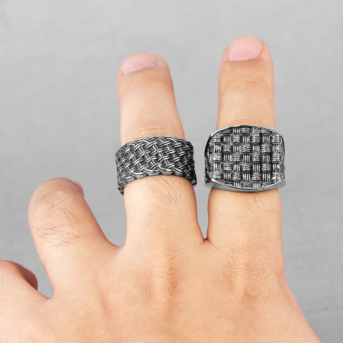 Grid Weave Stainless Steel Men's Rings