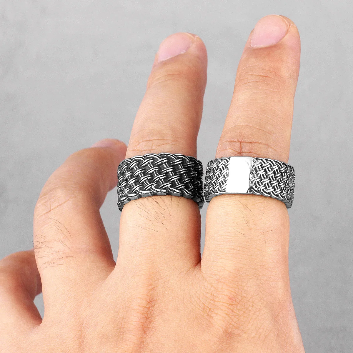 Grid Weave Stainless Steel Men's Rings