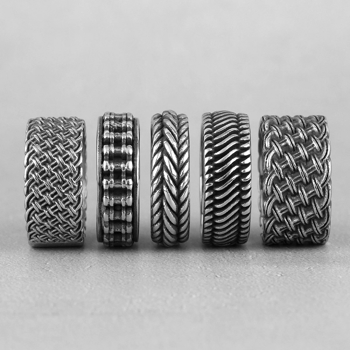 Grid Weave Stainless Steel Men's Rings