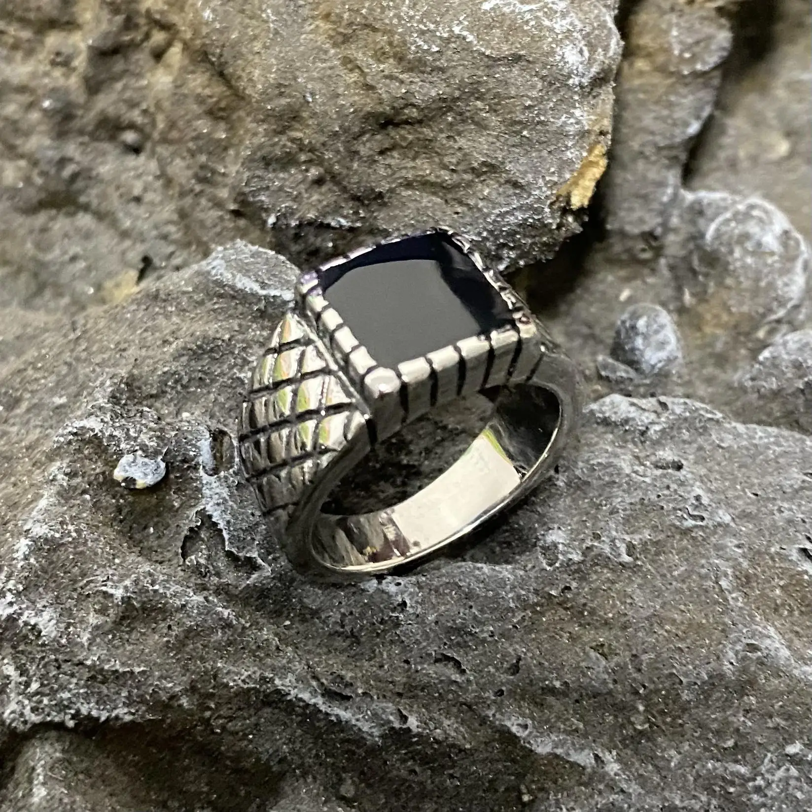 Vintage Classic Square Black Stone Viking Simple Ring