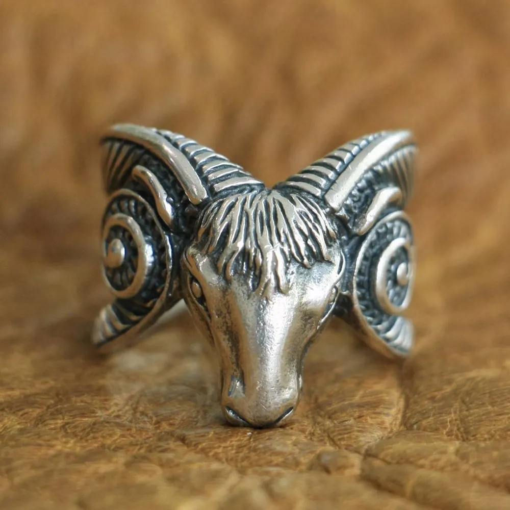 925 Sterling Silver Long Horn Ram Skull Ring