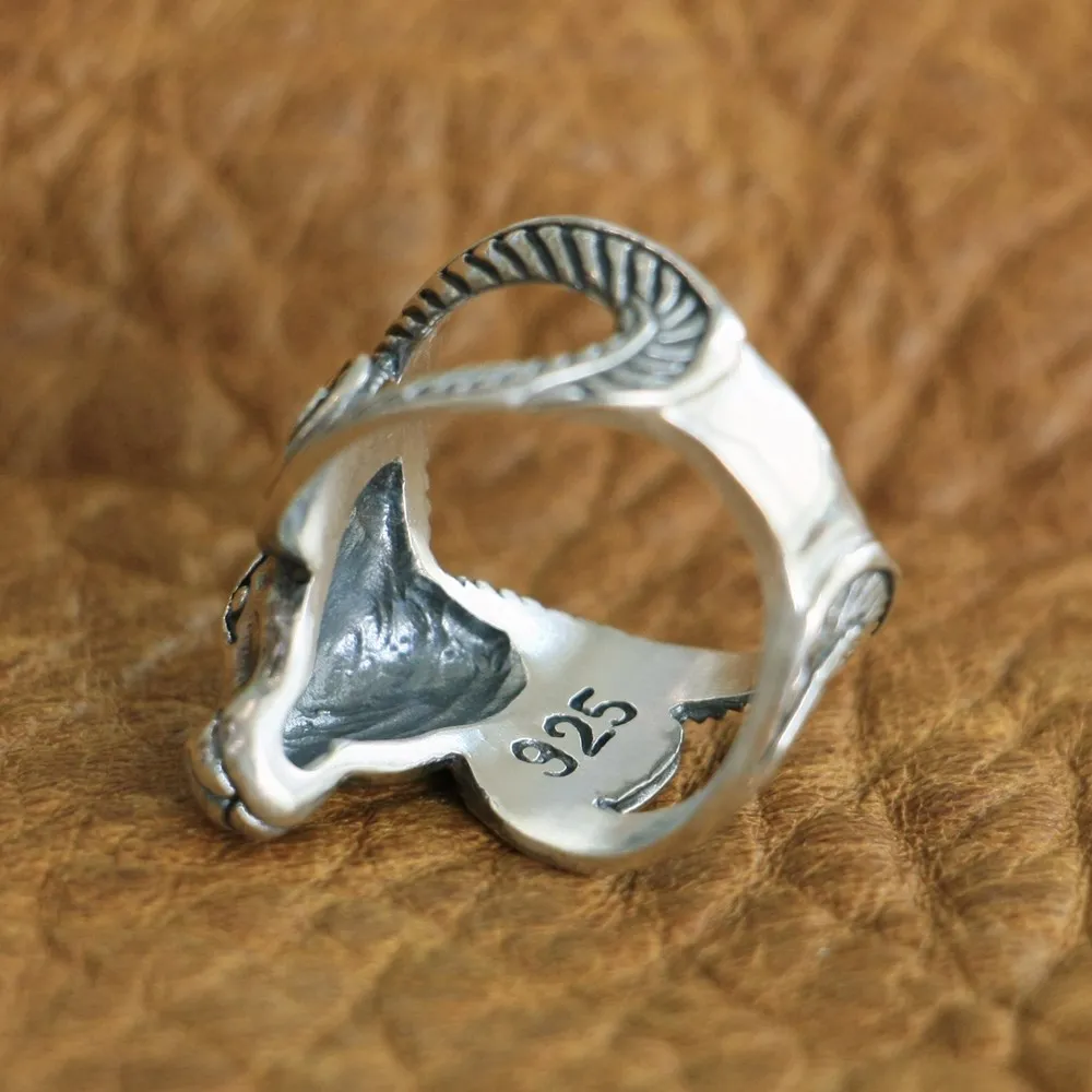 925 Sterling Silver Long Horn Ram Skull Ring