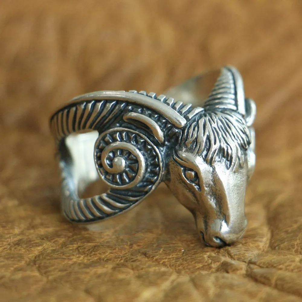 925 Sterling Silver Long Horn Ram Skull Ring