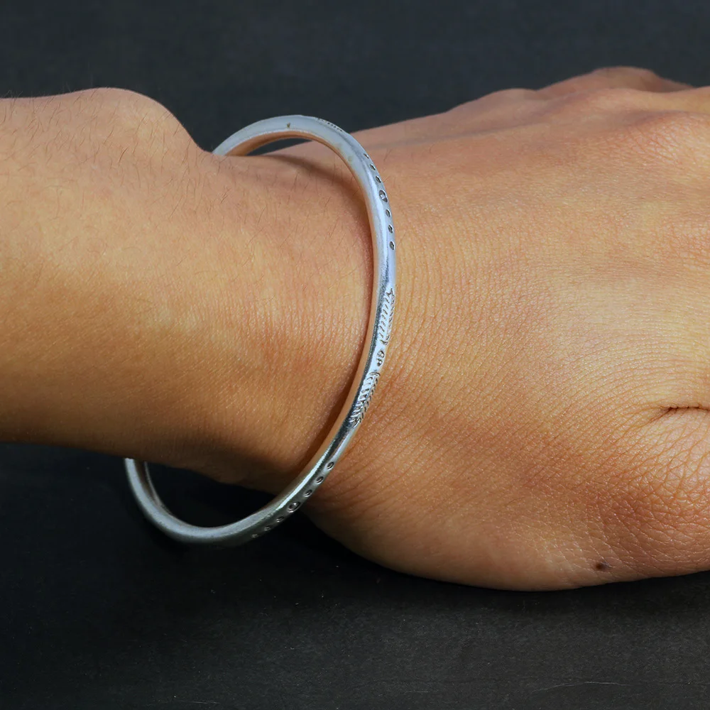Silver Thin Bangle Men and Women Engraved Open Cuff Bracelet