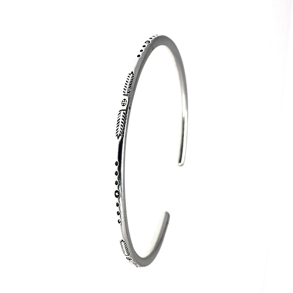 Silver Thin Bangle Men and Women Engraved Open Cuff Bracelet