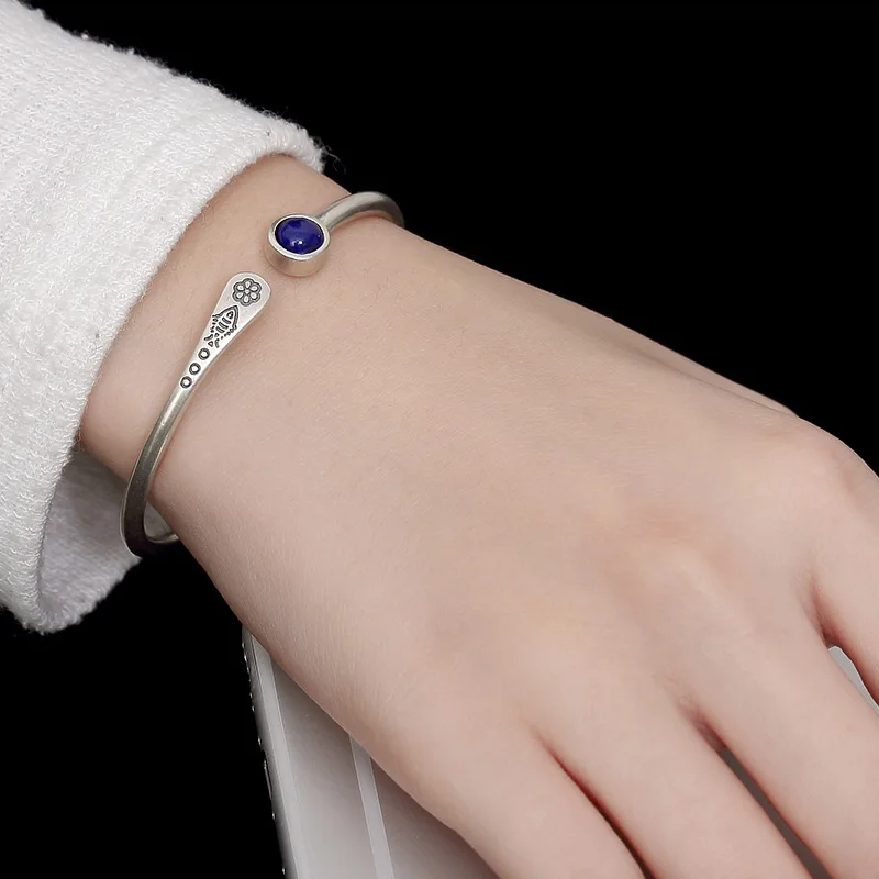 Genuine 925 Sterling Silver Lapis Lazuli Stone Cuff Bracelets