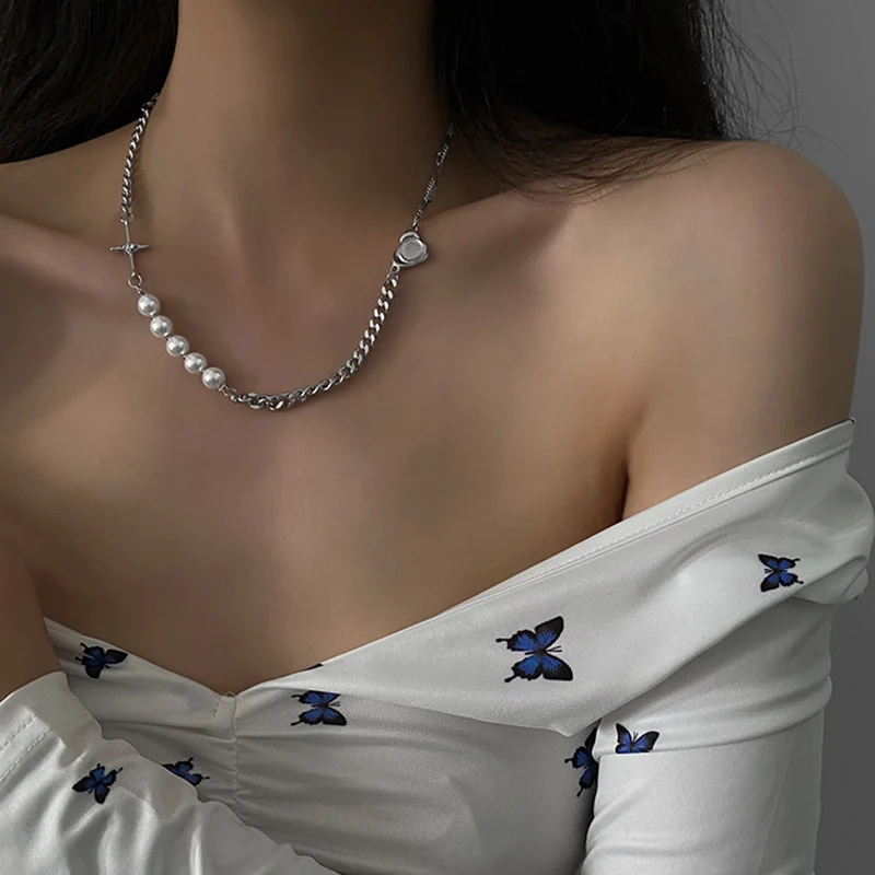 White Pearl Necklace Stitching Silver Chain Choker