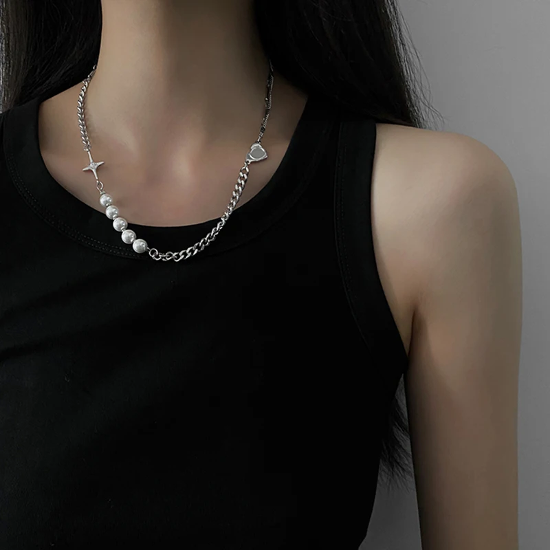 White Pearl Necklace Stitching Silver Chain Choker