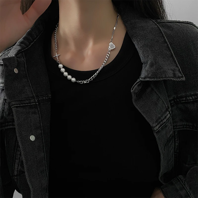 White Pearl Necklace Stitching Silver Chain Choker