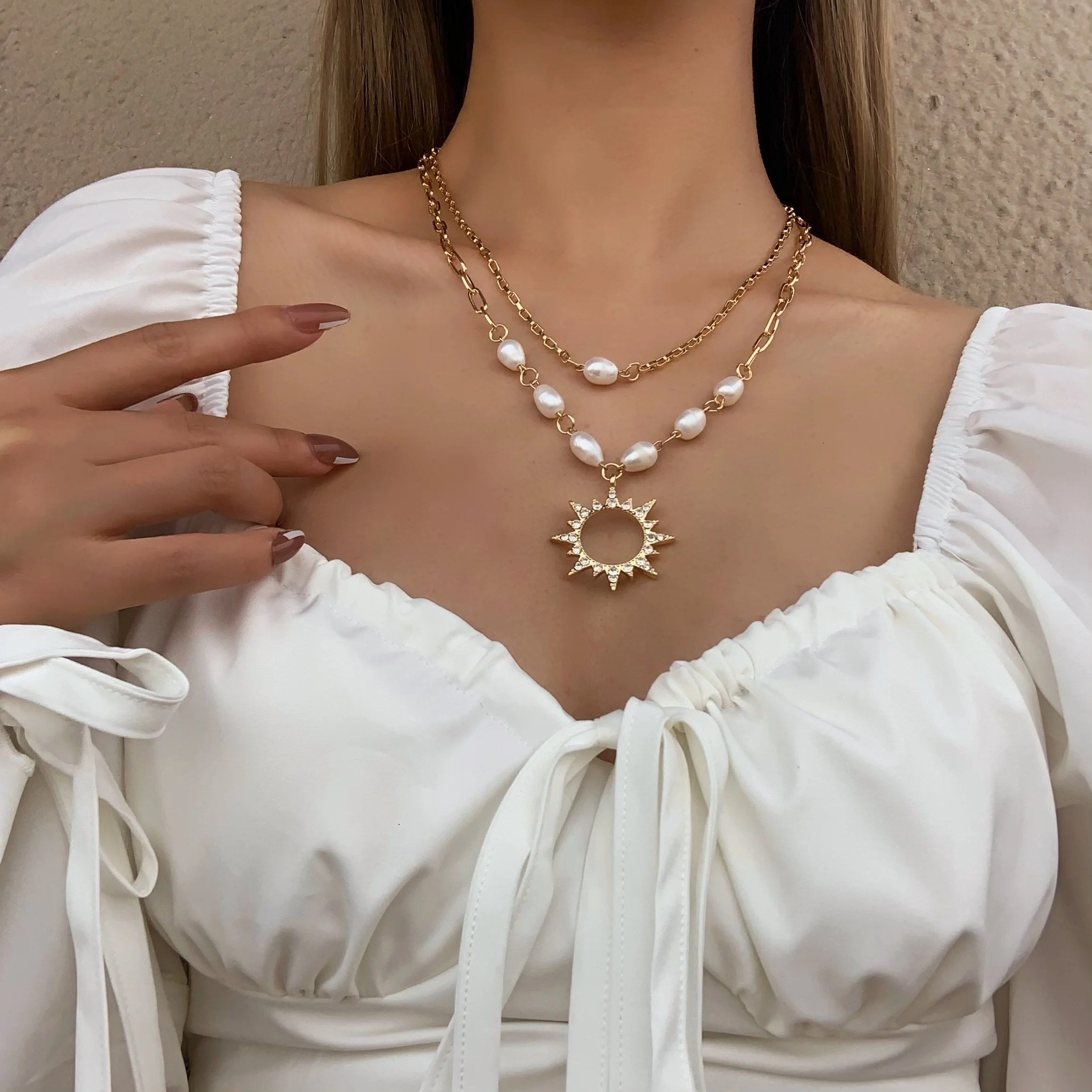 Bohemia Pearl Chain Zircon Sun Pendant Necklace