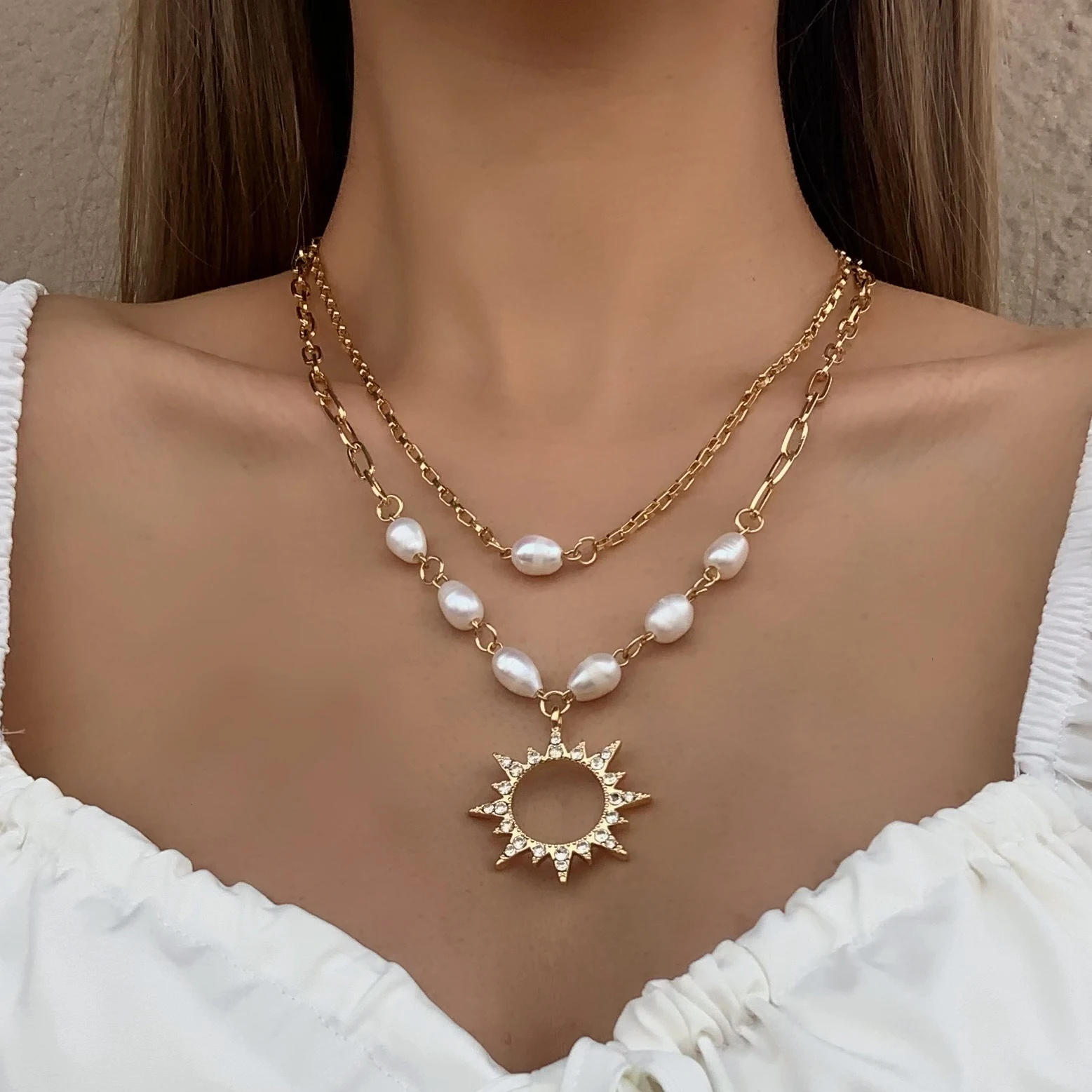 Bohemia Pearl Chain Zircon Sun Pendant Necklace
