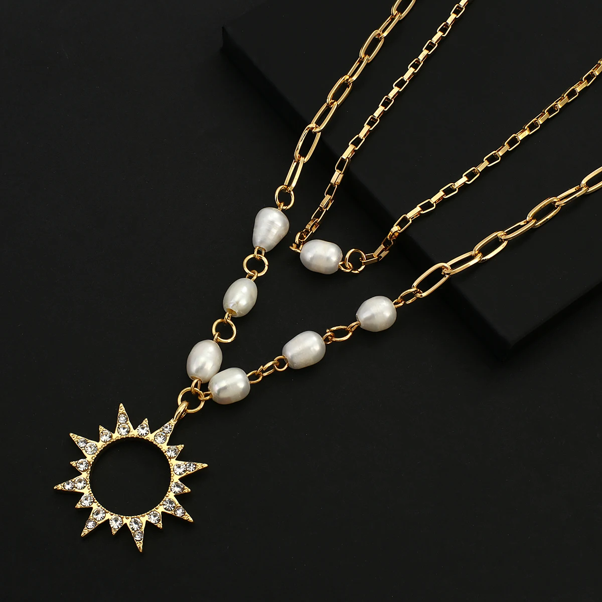 Bohemia Pearl Chain Zircon Sun Pendant Necklace