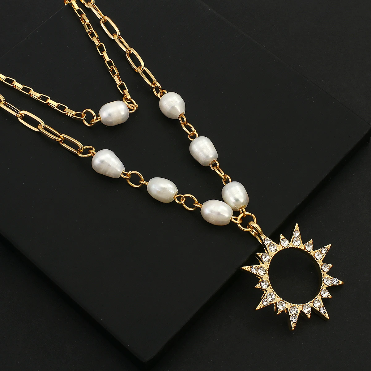 Bohemia Pearl Chain Zircon Sun Pendant Necklace