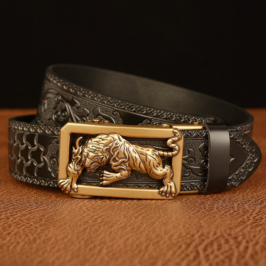 One Click Genuine Leather Tiger Belt Buckle