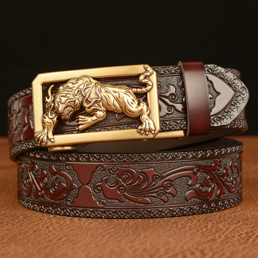 One Click Genuine Leather Tiger Belt Buckle
