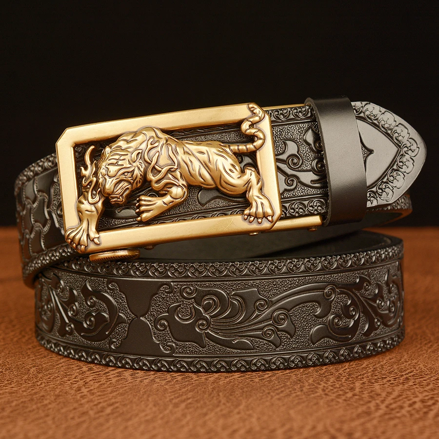 One Click Genuine Leather Tiger Belt Buckle