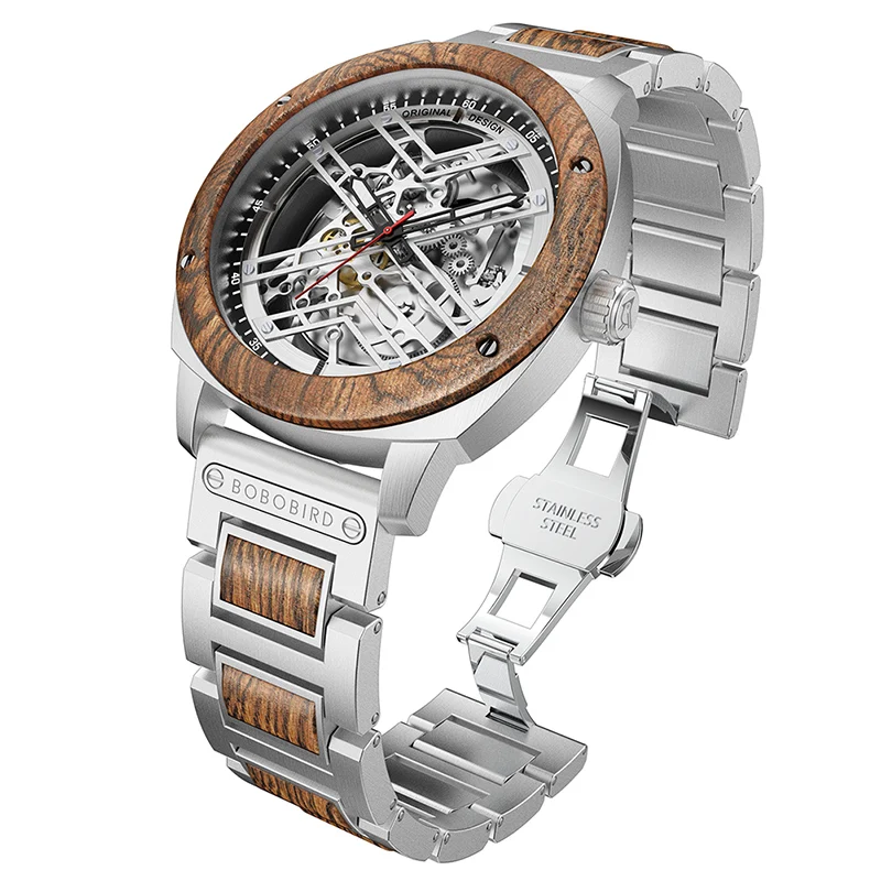 Customized Automatic Skeleton Wooden Watch