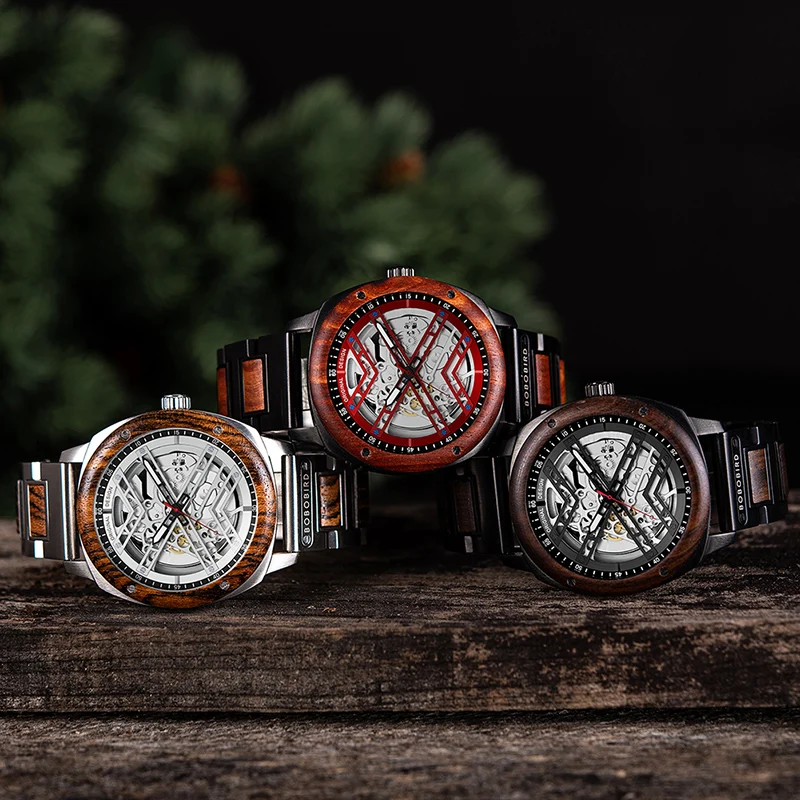 Customized Automatic Skeleton Wooden Watch