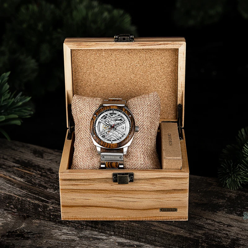 Customized Automatic Skeleton Wooden Watch