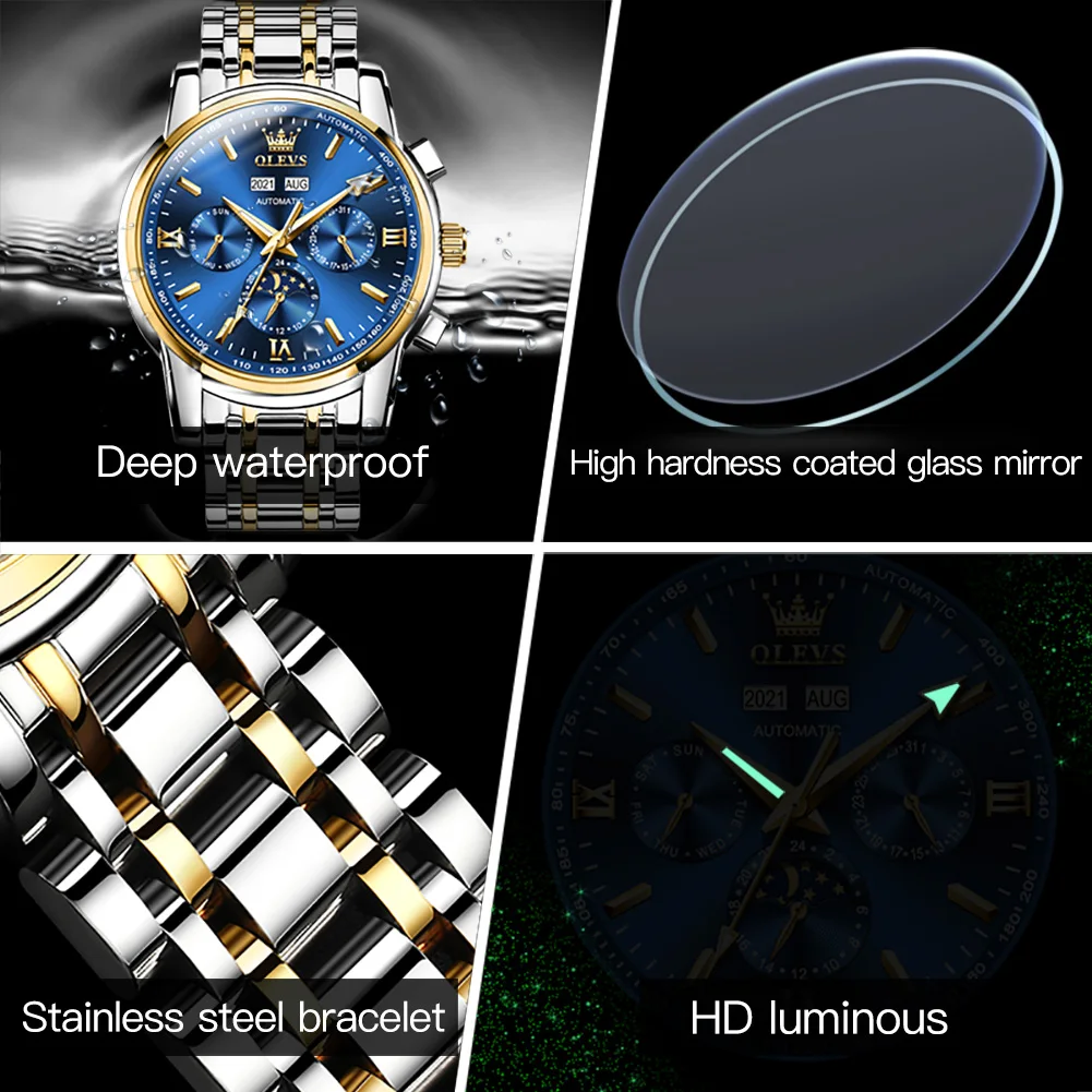 OLEVS Stainless Steel Waterproof Luminous Calendar Watch