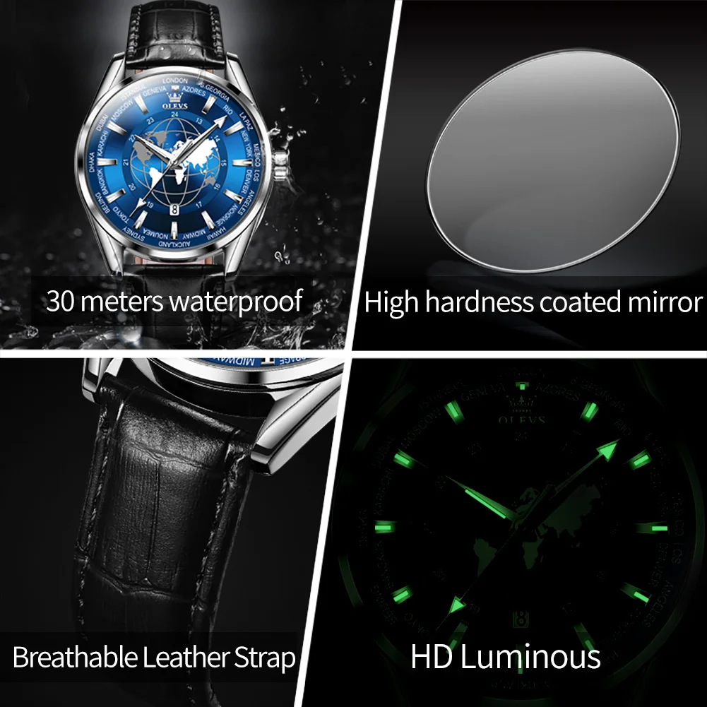 OLEVS Quartz Globe World Map Watch Leather Strap
