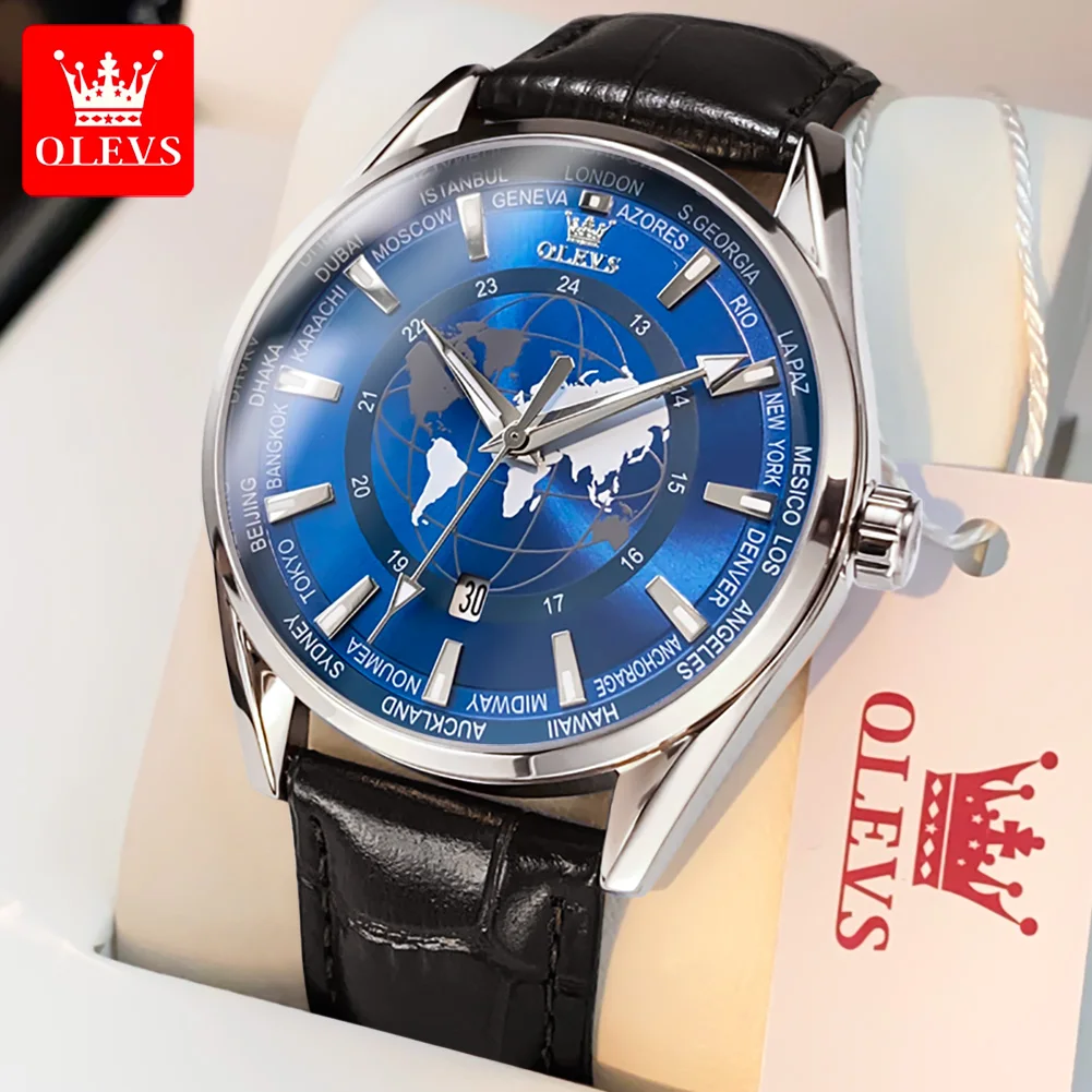 OLEVS Quartz Globe World Map Watch Leather Strap