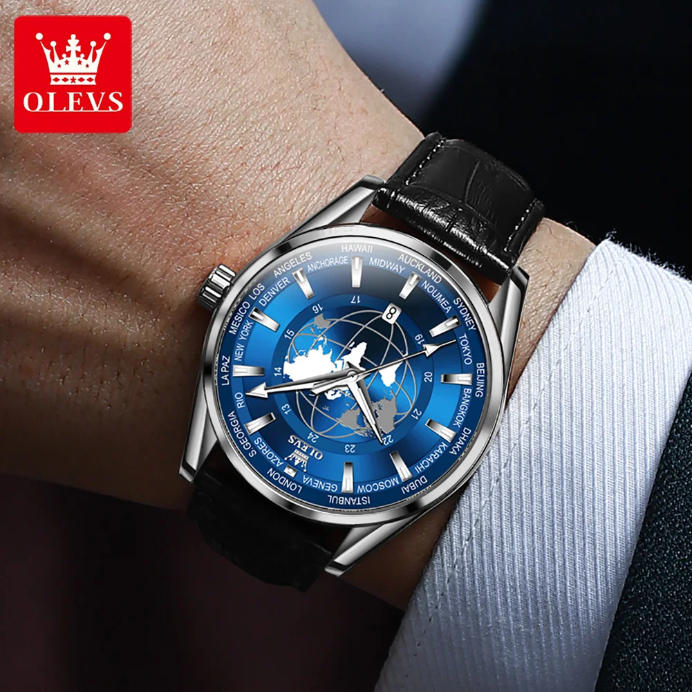 OLEVS Quartz Globe World Map Watch Leather Strap