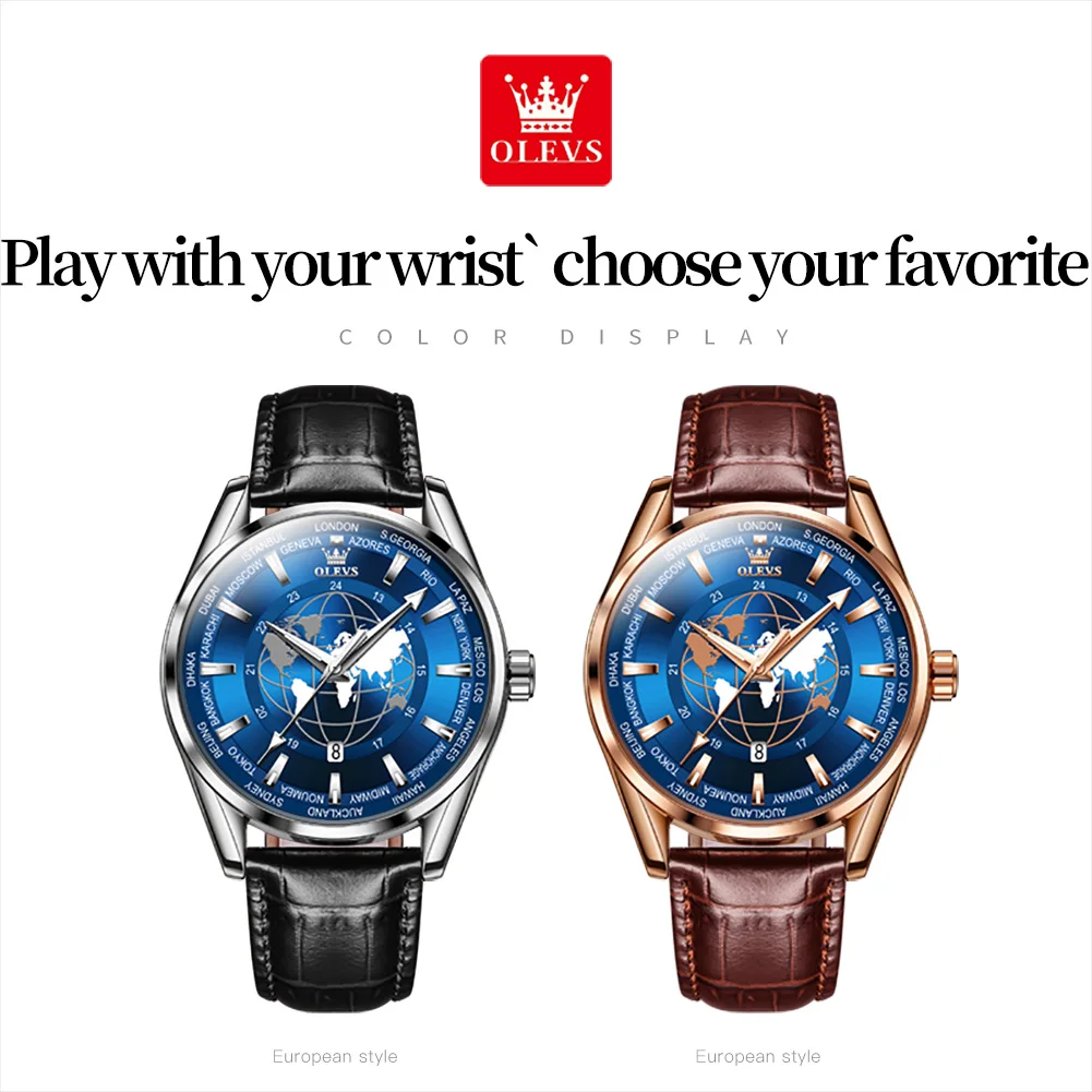 OLEVS Quartz Globe World Map Watch Leather Strap