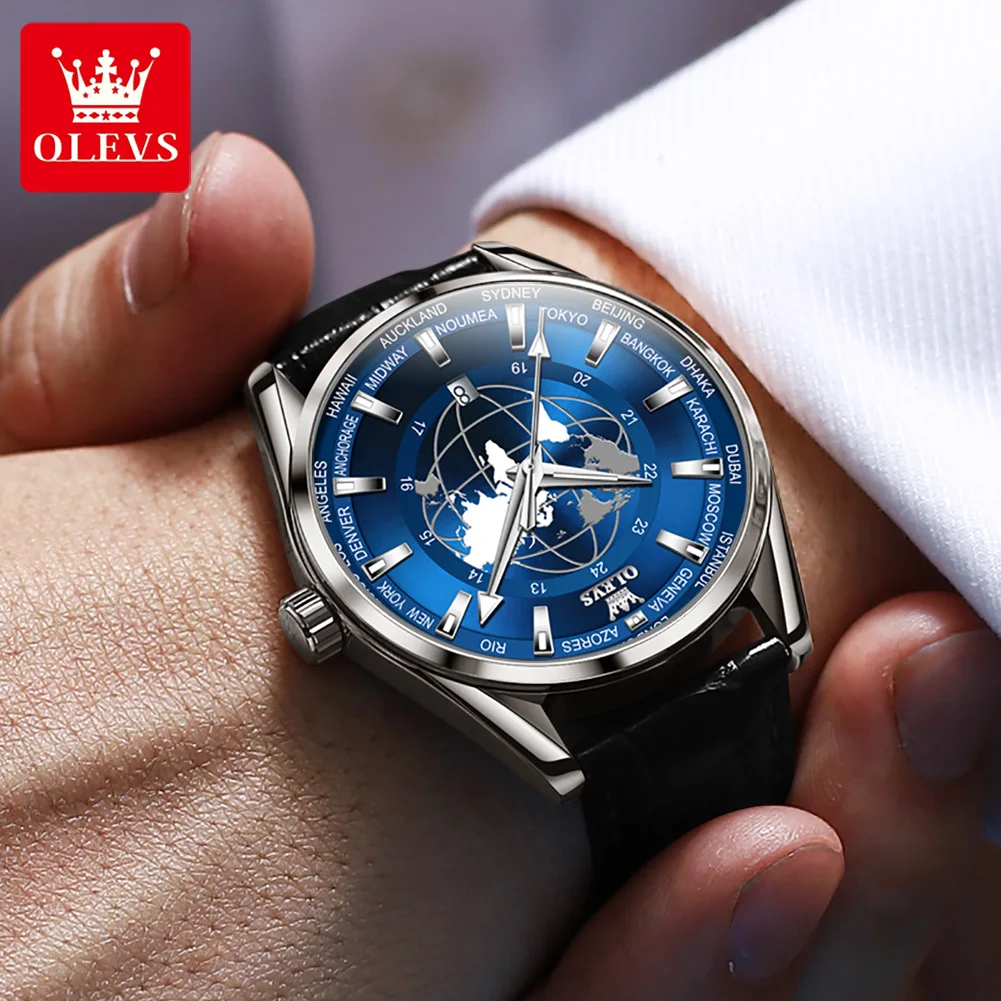 OLEVS Quartz Globe World Map Watch Leather Strap